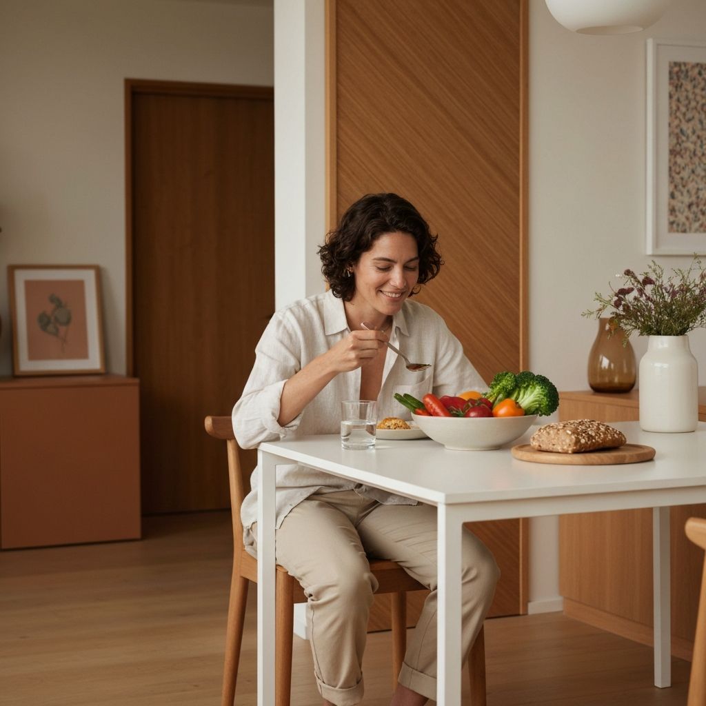 Person enjoying a balanced meal in natural kitchen setting