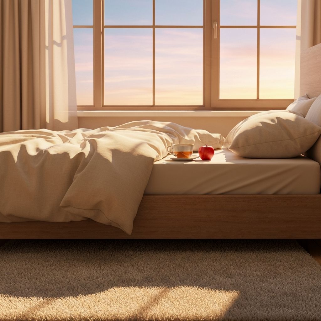 Peaceful bedroom scene with morning light and herbal tea